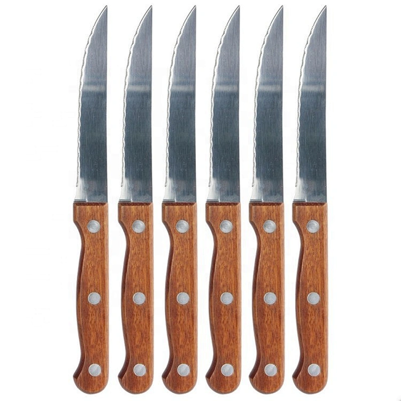 6pcs kitchen stainless steel meat cutting blade steak knife set with wooden handle