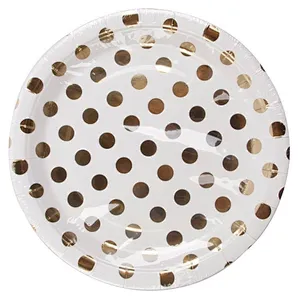 8pcs Round Paper Party Plates Set/Decorative Tableware for Birthday Parties, Weddings,Life Celebrations with Gold Polka Dot