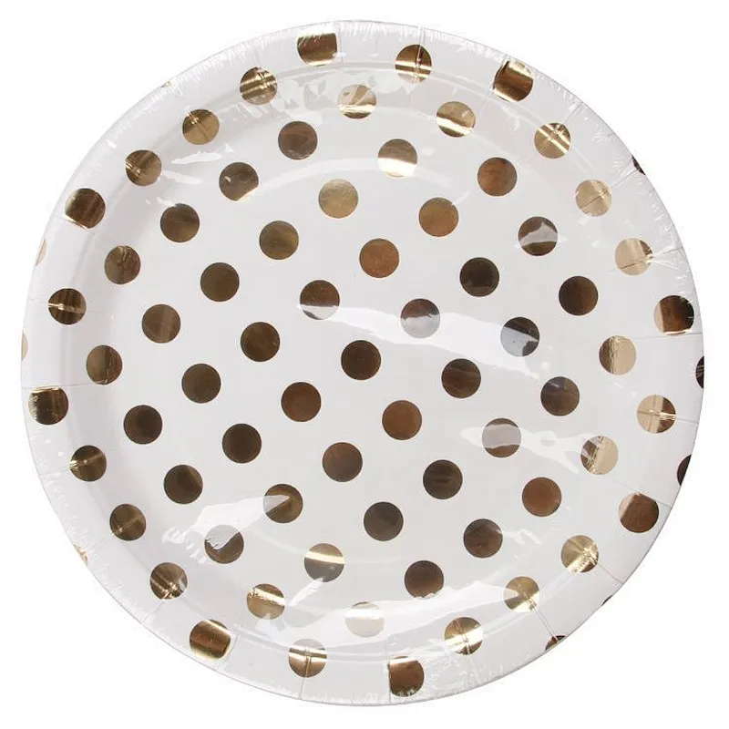 8pcs Round Paper Party Plates Set/Decorative Tableware for Birthday Parties, Weddings,Life Celebrations with Gold Polka Dot