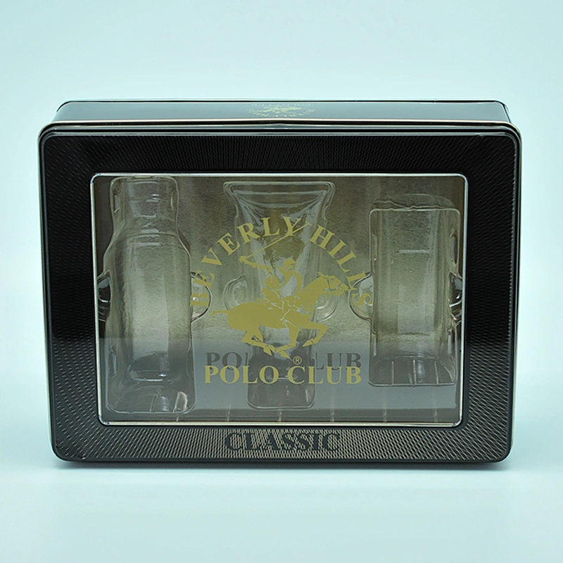 Customized rectangular clear window tin box for perfume display