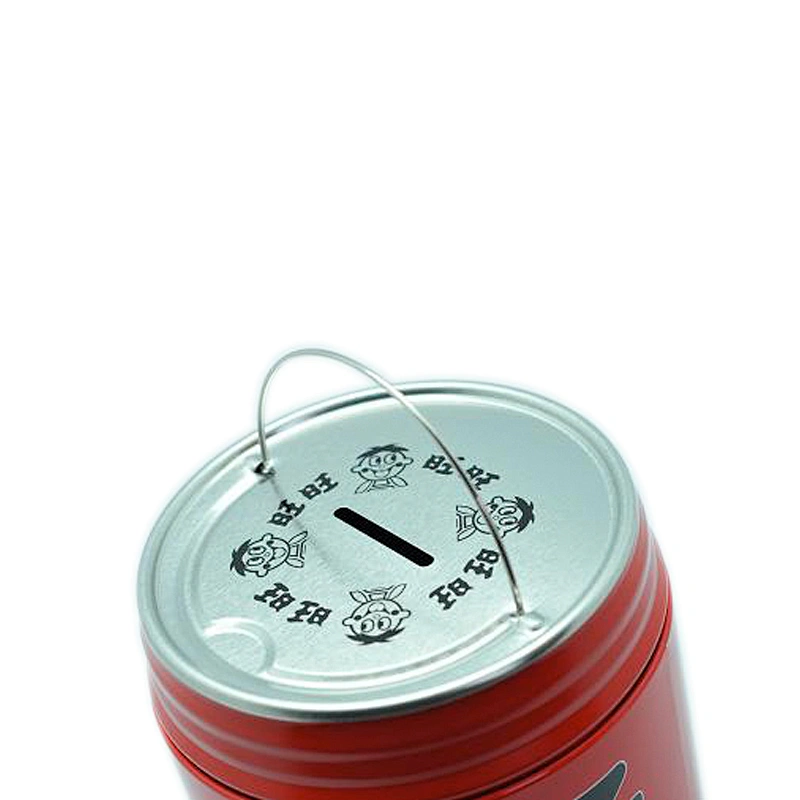 Small easy open lid round plain tin can coin bank with handle