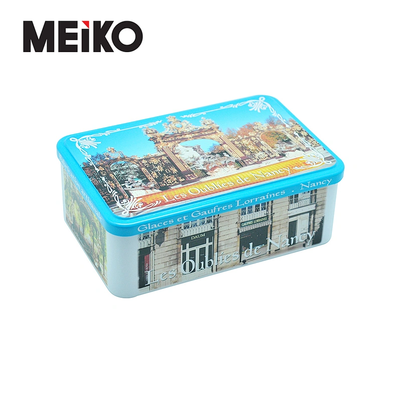 rectangular hinged tin can for biscuit and chocolates