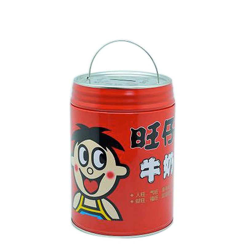 Small easy open lid round plain tin can coin bank with handle