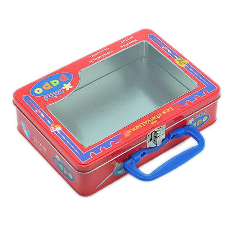 Display handle meal portable tin box with clear pvc window