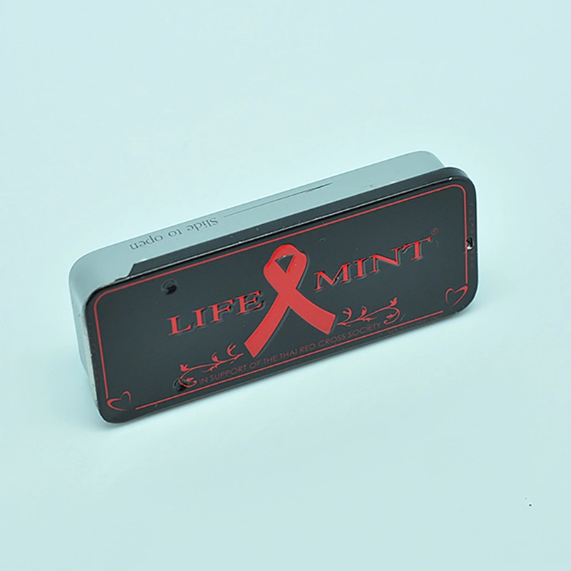 Small mint packing black sliding tin case with inner lid