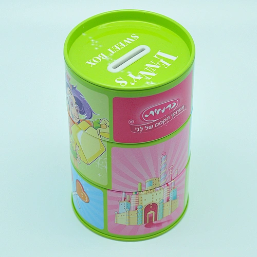 Novelty rotatable three section oem round tin coin box for children