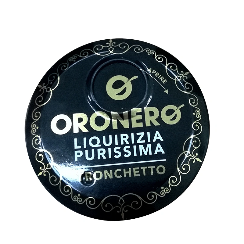 OEM design black round tin confectionery boxes with twist top