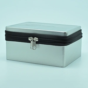 Design embossed silver rectangle tin metal box with zipper