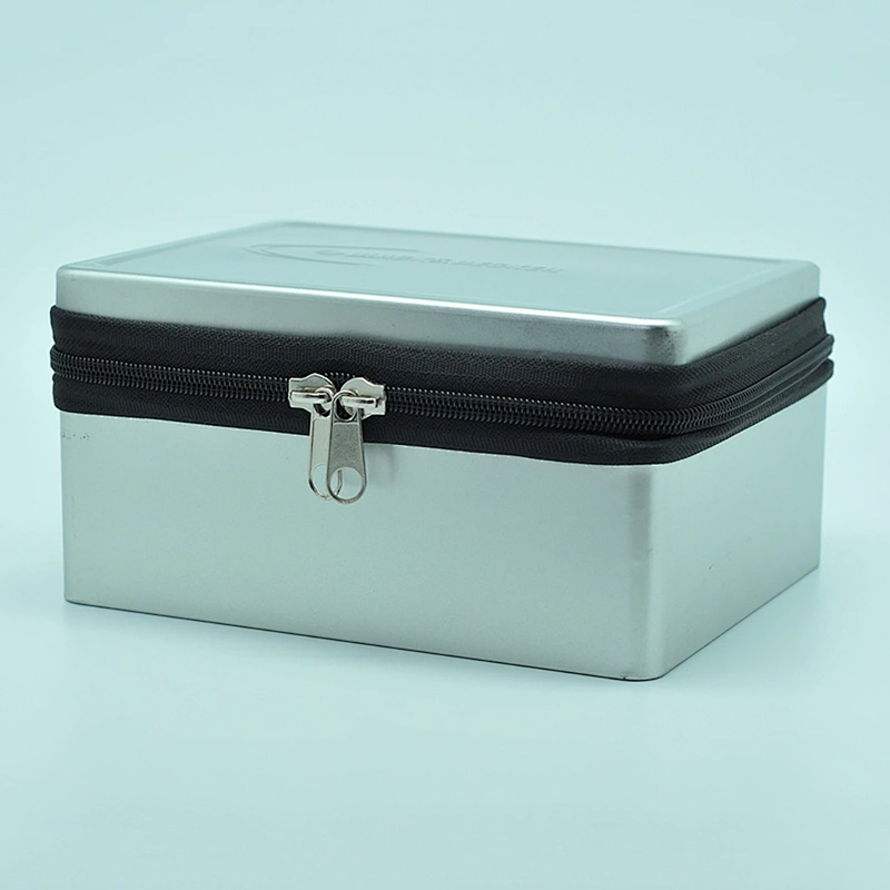 Design embossed silver rectangle tin metal box with zipper