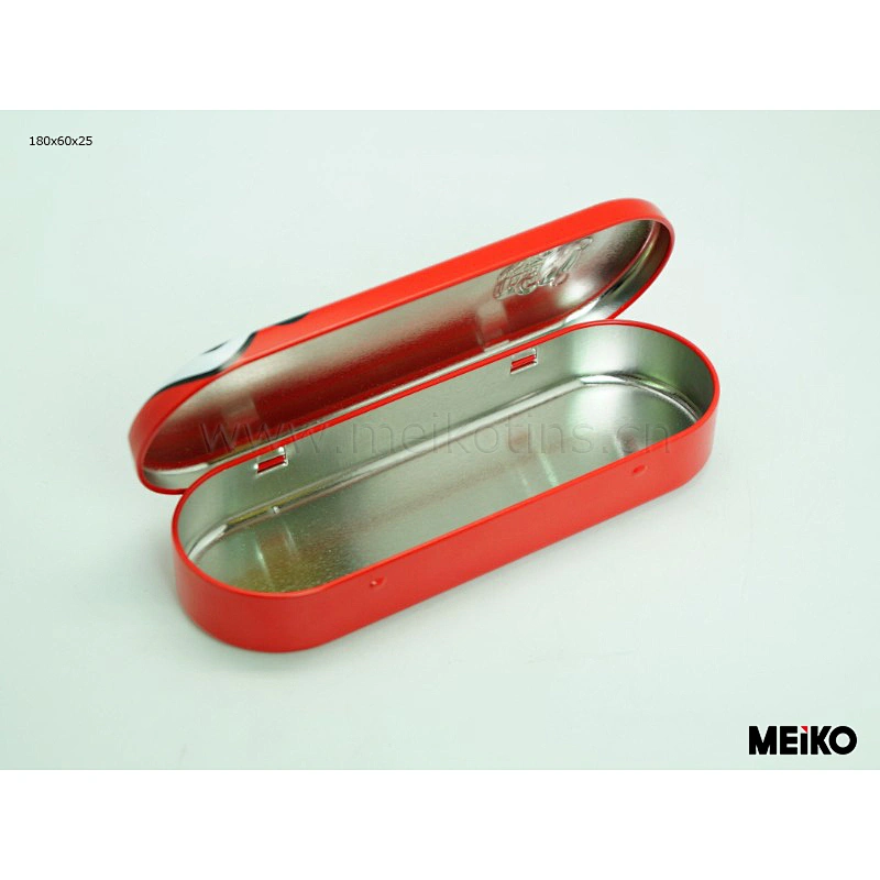oval shape printed pen tin box with hinge window on top