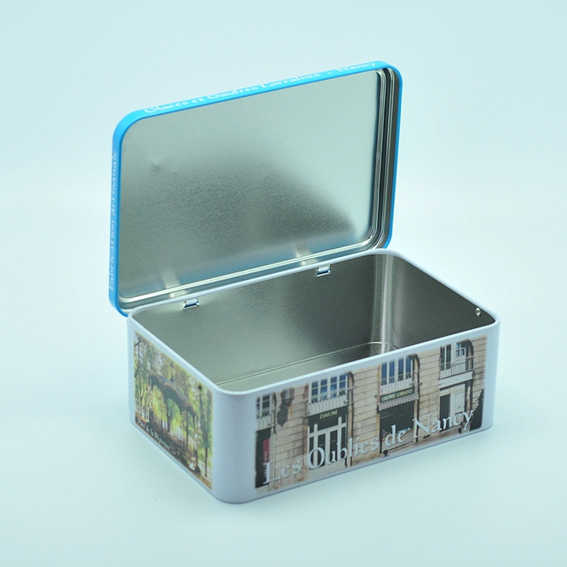 rectangular hinged tin can for biscuit and chocolates