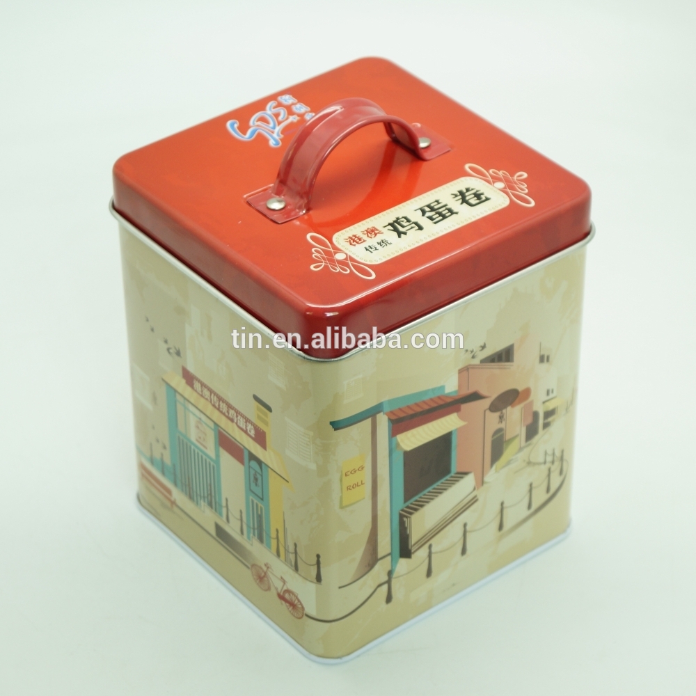 133mm square food safety grade tin tote box with metal handle