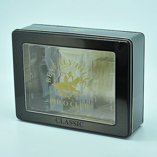 Customized rectangular clear window tin box for perfume display