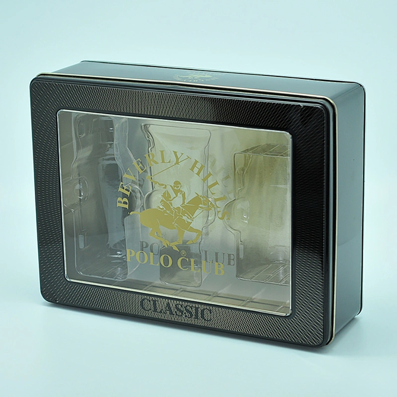 Customized rectangular clear window tin box for perfume display