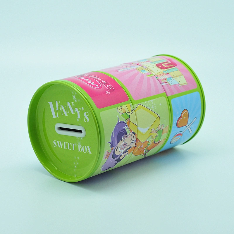 Novelty rotatable three section oem round tin coin box for children