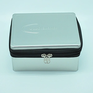 Design embossed silver rectangle tin metal box with zipper