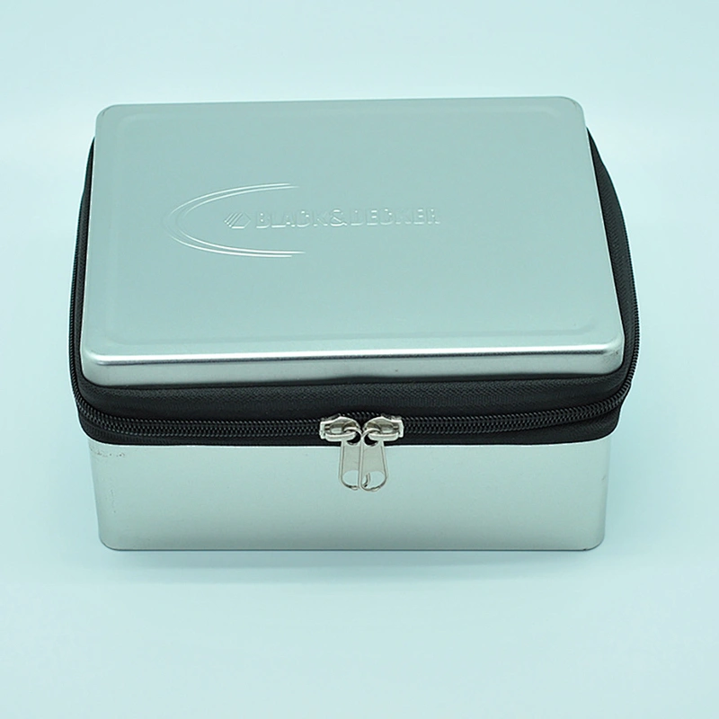Design embossed silver rectangle tin metal box with zipper