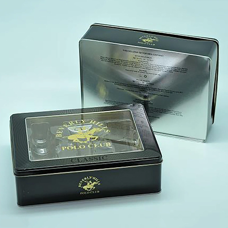Customized rectangular clear window tin box for perfume display