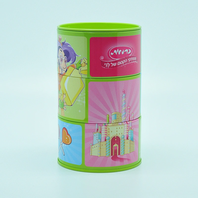 Novelty rotatable three section oem round tin coin box for children