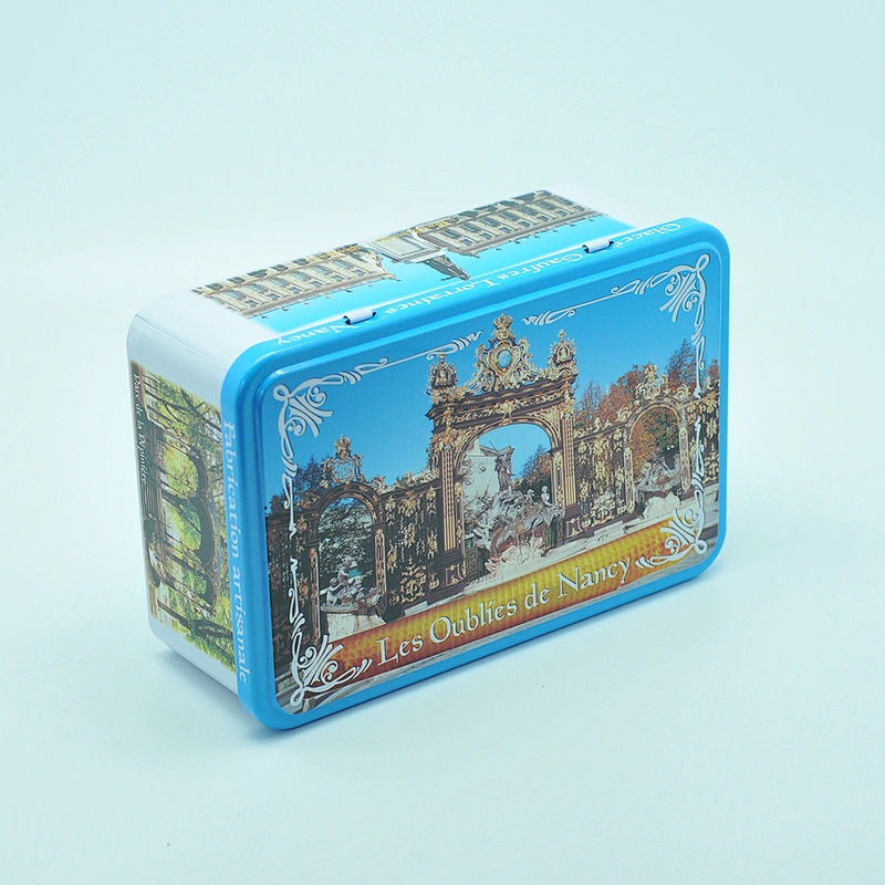 rectangular hinged tin can for biscuit and chocolates