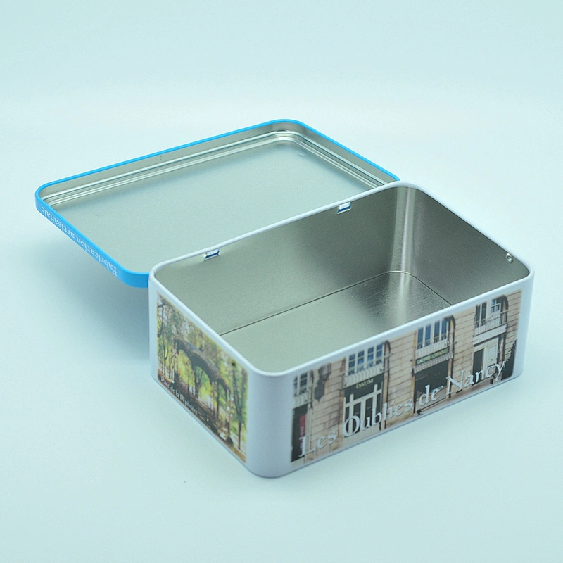 rectangular hinged tin can for biscuit and chocolates