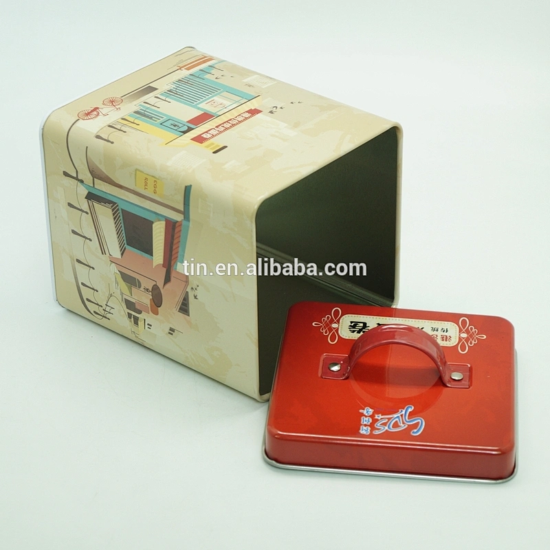 133mm square food safety grade tin tote box with metal handle