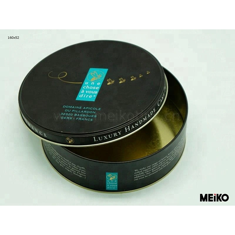 cake use round metal packaging tin can inside golden lacquer