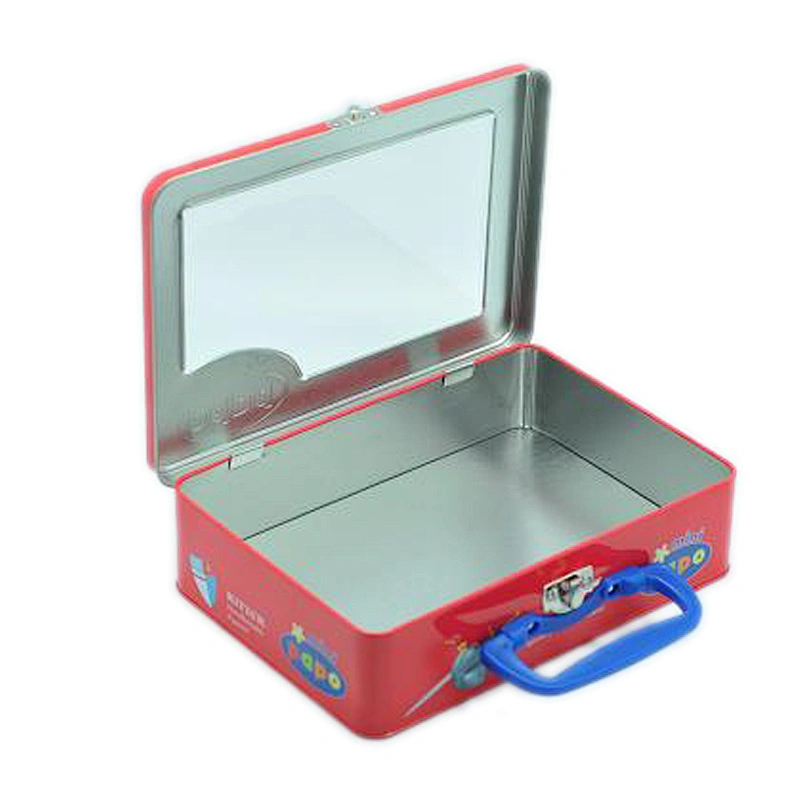 Display handle meal portable tin box with clear pvc window