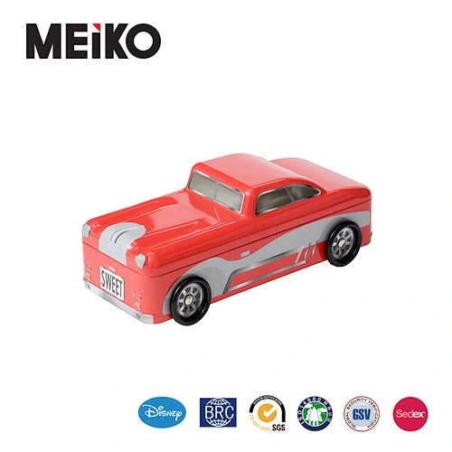 custom children toy car shaped metal packaging tin box with 4 moving wheels