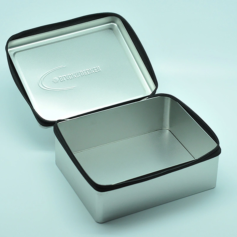 Design embossed silver rectangle tin metal box with zipper