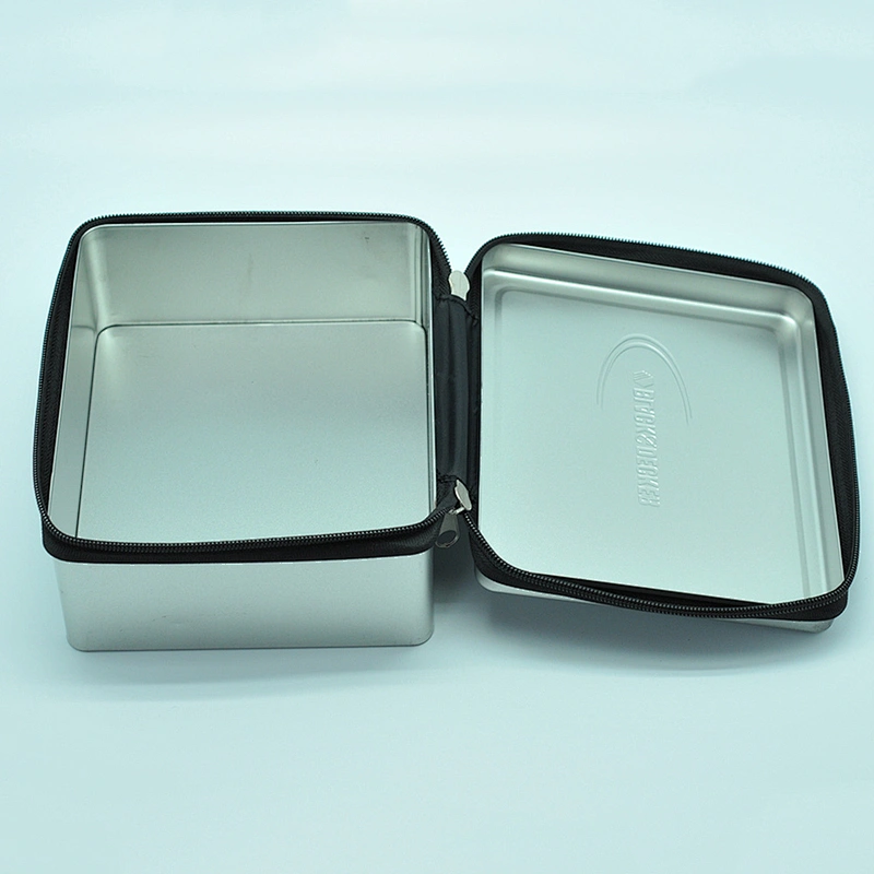 Design embossed silver rectangle tin metal box with zipper