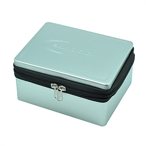 Design embossed silver rectangle tin metal box with zipper