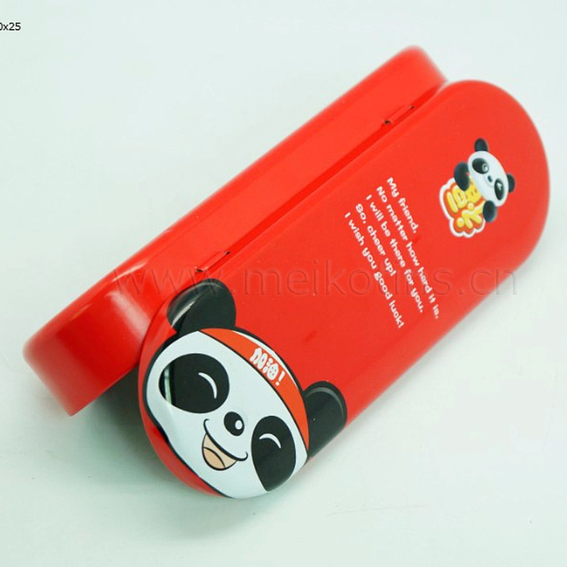 oval shape printed pen tin box with hinge window on top