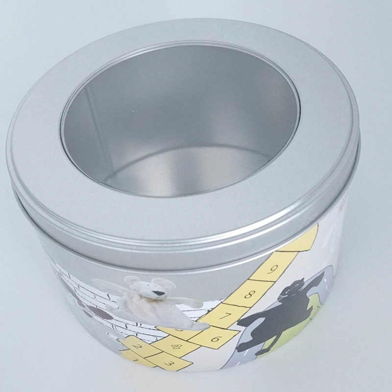 Mixed color printing round tin can with clear window lid