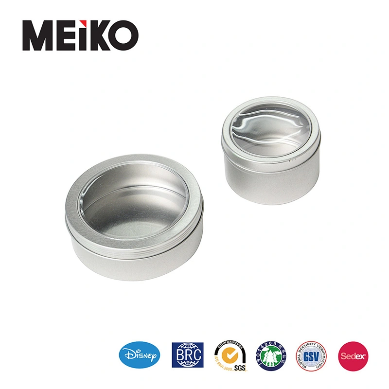 Empty mini round metal tin box screw top lid with PVC window