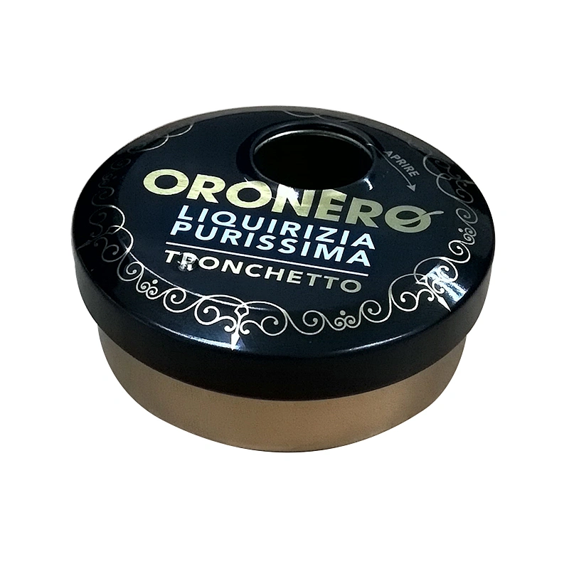 OEM design black round tin confectionery boxes with twist top