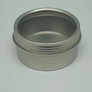 Empty mini round metal tin box screw top lid with PVC window