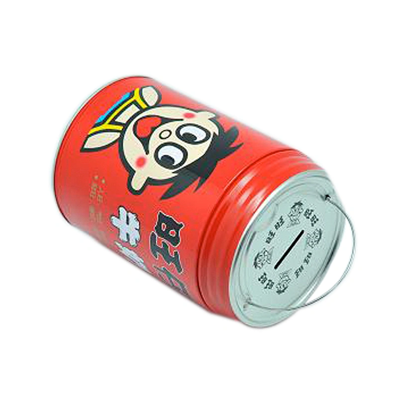 Small easy open lid round plain tin can coin bank with handle