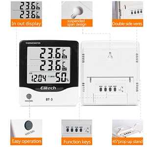 Elitech BT-3 LCD Indoor/Outdoor Digital Hygrometer Thermometer  with Clock and Min/Max Value
