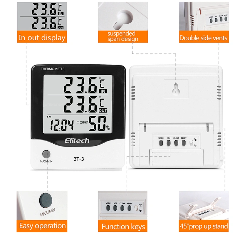 Elitech BT-3 LCD Indoor/Outdoor Digital Hygrometer Thermometer  with Clock and Min/Max Value