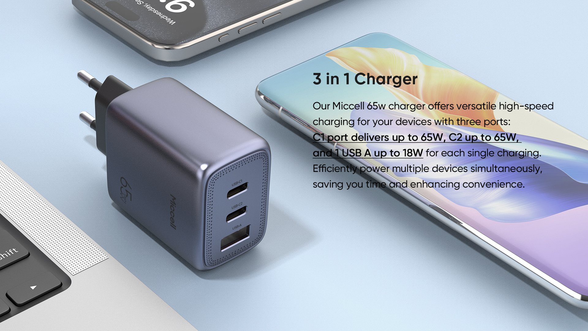 65W GaN 3-Port Travel Charger