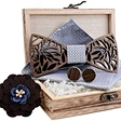 4 in 1 Super Black Walnut Luxury Men's New Floral Adjustable Wooden Bow Tie Pocket Square Brooch Cufflink Set with Gift Box