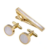 Energinox Handmade Gold Plated Natural Pearl Shell Cuff Links & Tie Clips Set with Gift Box