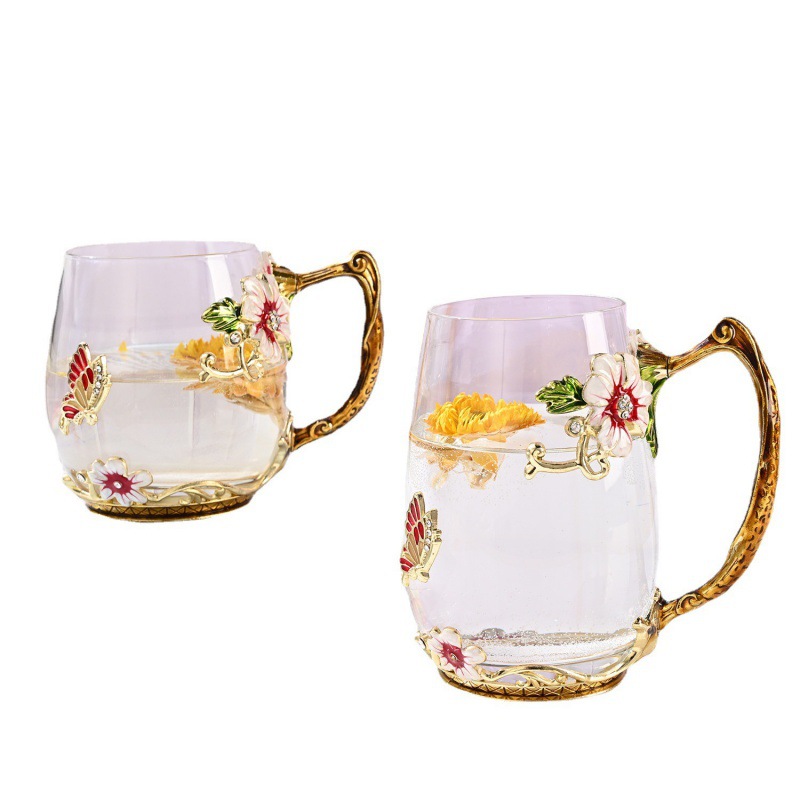 Energinox Elegant Noble Christmas Gifts Enamel Colored Flower Glass Mugs Cup