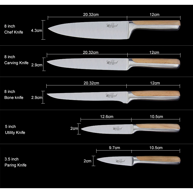 5-piece Stainless Steel Kitchen Knife Set with Beechwood Handle, Beechwood Block
