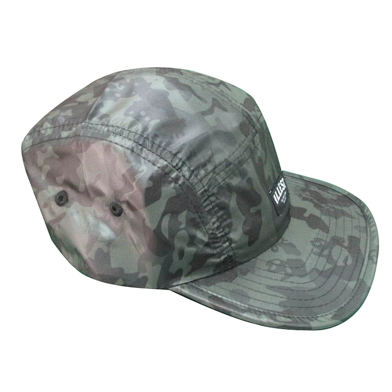 custom blank 5 panel camp hat with camo printing with woven patch