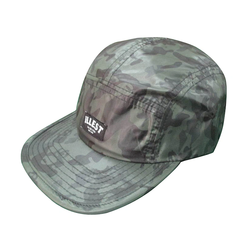 custom blank 5 panel camp hat with camo printing with woven patch