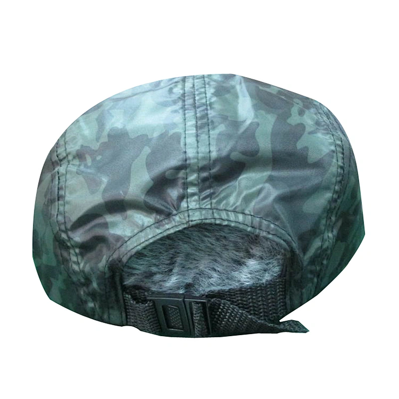 custom blank 5 panel camp hat with camo printing with woven patch