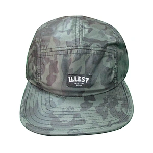 custom blank 5 panel camp hat with camo printing with woven patch