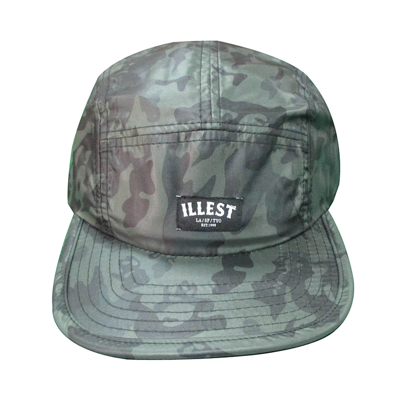 custom blank 5 panel camp hat with camo printing with woven patch